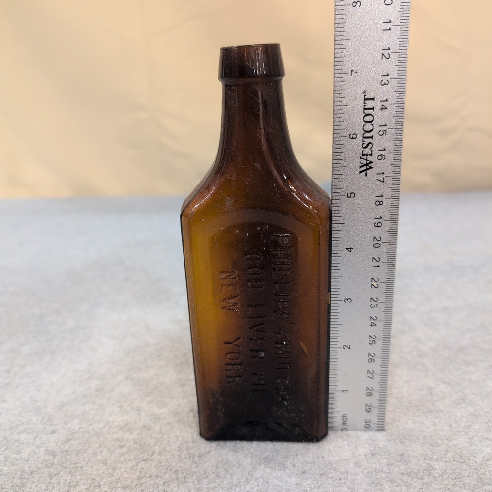 Antique Phillips Emulsion Cod Liver Oil‎ Amber Glass Bottle New York Medicine - Picture 4 of 5